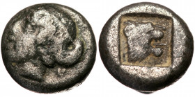 Lesbos, Mytilene AR diobol (Silver, 0.95g, 8mm) ca 480-400 BC 
Obv: Diademed female head left.
Rev: Head of lion right within incuse square.
Cf. HG...