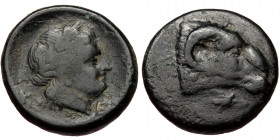 Troas, Kebren, AE 20 (bronze, 8,00 g, 20 mm ) ca. 400-367 BC Obv: Head of ram right; below ?
Rev: K - E Laureate head of Apollo right.
Ref: SNG Cope...