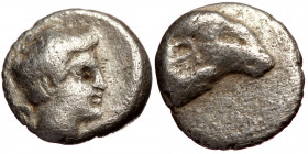 Troas, Kebren AR Hemiobol (Silver, 0.41g, 7mm) 4th century BC
Obv: Head of Apollo right.
Rev: Head of ram right.
Ref: BMC 14