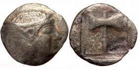 Islands off Troas, Tenedos AR Hemidrachm (Silver, 1.50g, 13mm) ca 550-470 BC. 
Obv: Archaic janiform head, male on left, female on right (Zeus and He...