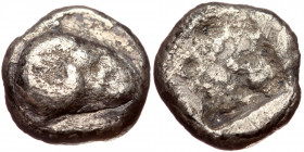 Troas, Kebren AR Hemidrachm (Silver, 1.82g, 11mm) 5th century BC. 
Obv: Ram's head to left 
Rev: Quadripartite incuse square. 
Ref: Klein 311-2