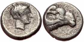 Troas, Kebren AR Hemiobol (Silver, 0.36g, 7mm) 4th century BC
Obv: Head of Apollo right.
Rev: Head of ram right.
Ref: BMC 14