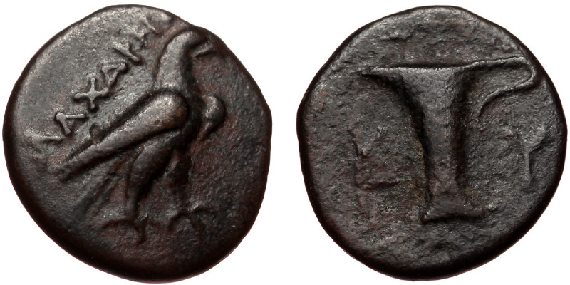 Aeolis, Kyme, AE14 (bronze, 1,97 g, 14 mm) ΛΑΧΑΡΗΣ (ca. 250-200 BC) Obv: Eagle s...