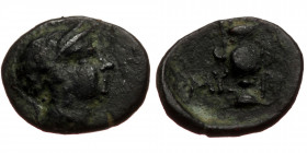 Aeolis, Myrina, AE (Bronze, 10,5 mm, 0,58 g), ca. 4th centure BC. Obv: Head of Athena in Attic helmet right. 
Rev: MY - PI, amphora. 
Ref: SNG Copen...