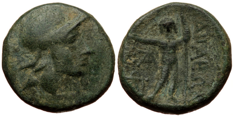 Aeolis, Aigai (Aegae) AE (Bronze, 5.15g, 17mm) 2nd-1st centuries BC. 
Obv: Helm...