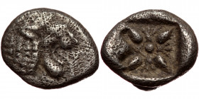 Ionia, Miletos AR Diobol (Silver, 1.00g, 10mm) Late 6th-early 5th century BC
Obv: Forepart of lion left, head right.
Rev: Stellate floral design wit...