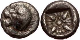 Ionia, Miletos AR Obol (Silver, 0.99g, 9mm) ca late 6th-5th centuries BC
Obv: Forepart of roaring lion right, head reverted 
Rev: Stellate floral pa...