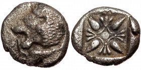 Ionia, Miletos AR Obol (Silver, 1.03g, 10mm) ca late 6th-5th centuries BC
Obv: Forepart of roaring lion right, head reverted 
Rev: Stellate floral p...