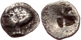 Ionia, Phokaia AR tetartemorion (Silver, 0.13g, 6mm) ca 521-478 BC
Obv: Head of nymph left, wearing sakkos and earring 
Rev: Quadripartite incuse pu...