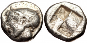 IONIA, Phokaia AR diobol (Silver, 1.24g, 10mm) ca 521-478 BC
Obv: Head of a nymph to left, wearing a sakkos adorned with a central band and rosette e...