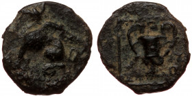 Islands of Ionia, unreaserched AE coin (Bronze, 1.01g, 12mm)
Obv: Sphinx seated left
Rev: Kantharos within linear square border