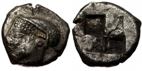 Ionia, Phokaia, AR obol (Silver, 10,1 mm, 1,32 g), ca. 521-478 BC. Obv: Archaic head of Athena left, wearing helmet and sakkos.
Rev: Quadripartite in...