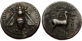 Ionia, Ephesos, AR drachm (Silver, 18,2 mm, 3,95 g), ca. 202-150 BC, struck under magistrate. Obv: E-Φ, bee. 
Rev. BAΔPoMIoΣ, stag standing right, be...