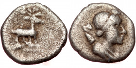 Ionia, Ephesos, AR obol (Silver, 8,6 mm, 0,48 g), ca. 245-202 BC. Obv: Draped bust of Artemis right, bow and quiver over shoulder. 
Rev: Stag standin...
