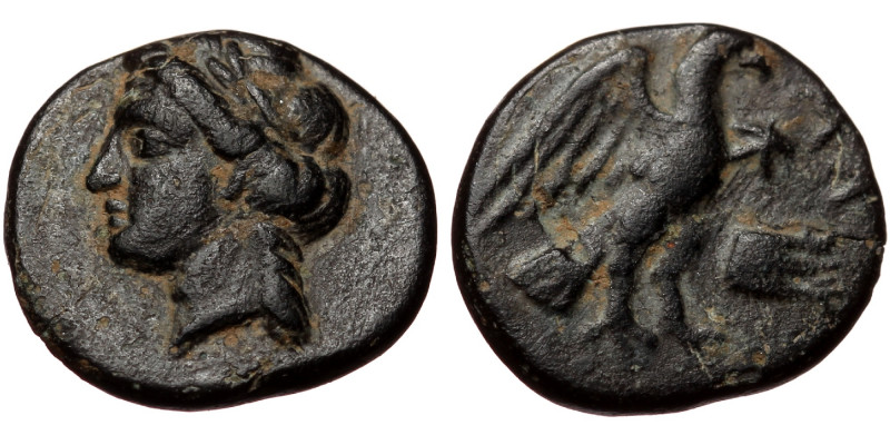 Caria. Halikarnassos AE chalkous (Bronze, 1.40g12mm) ca 400-300 BC.
Obv: Laurea...