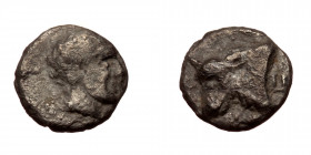 Carian Satraps. Hecatomnus (ca. 392-377 BC) AR hemiobol (Silver, 0.32g, 6mm) Mylasa. 
Obv: Head of youth right 
Rev: Head of bull left; E behind. 
...