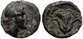 Caria, Rhodos, AE chalkous (Bronze, 12,0 mm, 0,84 g), ca. 408/7-358 BC. Obv: Head of Rhodos right.
Rev: Rose with buds to left and right. 
Ref: BMC ...