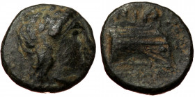 Caria, Knidos Æ (Bronze, 1.30g, 12mm) Uncertain magistrate. Circa 250-210 BC. 
Obv: Laureate head of Apollo to right 
Rev: Prow of galley to right; ...