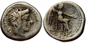Roman Republic Porcia, Marcus Porcius Cato, Rome, AR quinar (Silver, 14,1 mm, 2,14 g), 89 BC. Obv: M. C(AT in ligature)O, bust of Apollo right. 
Rev:...