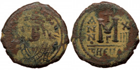Mauricius Tiberius (582 - 602 n. Chr.), AE Follis 40 Nummi (bronze, 11,20 g, 28 mm) Theoupolis (Antioch), dated RY 14 =595-596 Obv: ∂ N mAVRICI N P AV...