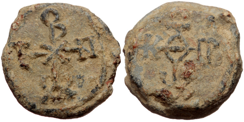 Byzantine seal (Lead, 22,1 mm, 11,33 g), ca. 7th cent. Obv: Cruciform monogram....