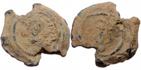 Byzantine seal (Lead, 25,0 mm, 9,80 g). Obv: Bust of emperor facing, wearing chlamys, legend to right. 
Rev: Large I (?).