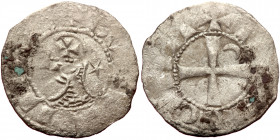 CRUSADERS. Antioch AR denier (Silver, 0.62g, 18mm) Bohemund IV or V (1201-1251)
Obv: + BOAMVNDVS, Helmeted and cuirassed bust left; crescent to left,...