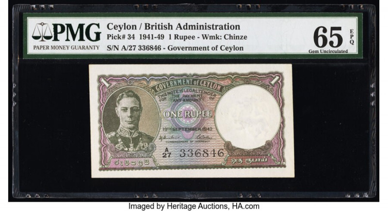 Ceylon Government of Ceylon 1 Rupee 19.9.1942 Pick 34 PMG Gem Uncirculated 65 EP...