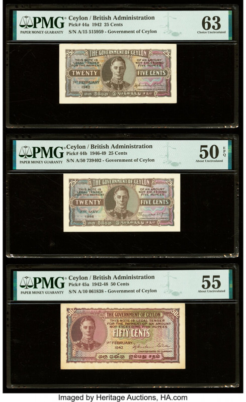 Ceylon Government of Ceylon 25 (2); 50 Cents 1.2.1942 (2); 7.5.4946 Pick 44a; 44...