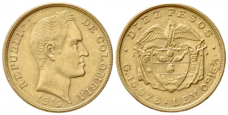 COLOMBIA. Repubblica. 10 Pesos 1919. Au (25.5mm, 15.95g). KM 202; Fr. 112. qSPL