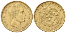 COLOMBIA. Repubblica. 10 Pesos 1919. Au (25.5mm, 15.95g). KM 202; Fr. 112. qSPL