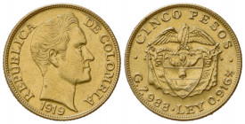 COLOMBIA. Repubblica. 5 Pesos 1919. Au (22mm, 7.97g). KM 201; Fr. 113. qSPL