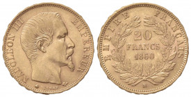 FRANCIA. Napoleone III (1852-1870). 20 Franchi 1860. Au (21mm, 6.47g). Strasburgo. KM 781.2; Fr. 531. SPL