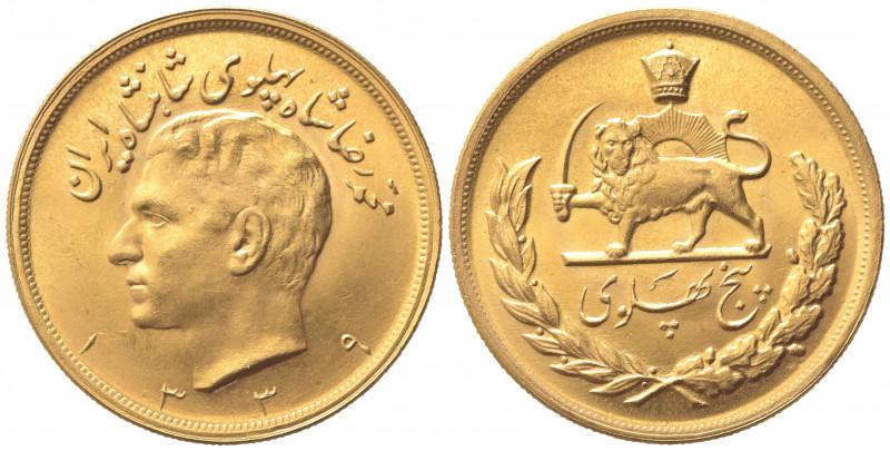 IRAN. Mohammad Reza (1941-1979). 5 Pahlavī, AH 1339 - AD 1960. Au (40mm, 40.77g)...