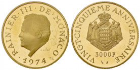MONACO. Ranieri III (1949-2005). 3000 Franchi 1974. Proof Au (32mm, 29.00g). KM X M6. SPL