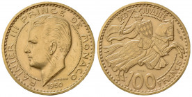 MONACO. Ranieri III (1949-2005). 100 Francs 1950. Piedfort Essai Au (29mm, 51.09g). KM PE9a. Graffi, BB+