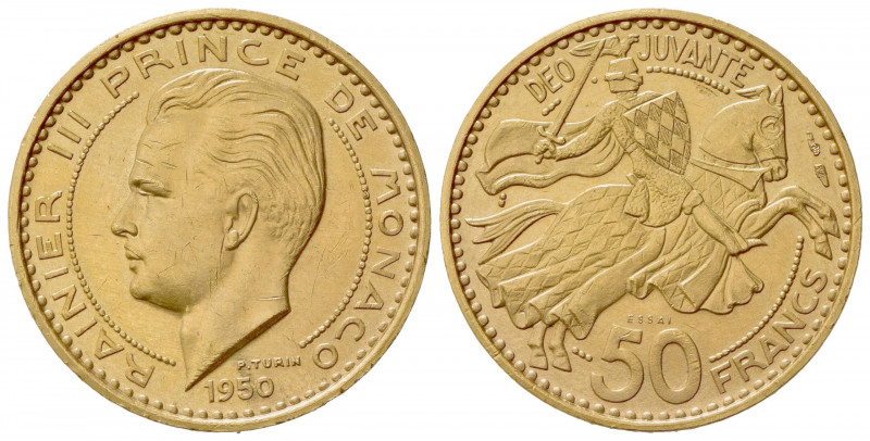 MONACO. Ranieri III (1949-2005). 50 Francs 1950. Piedfort Essai Au (26.5mm, 41.0...