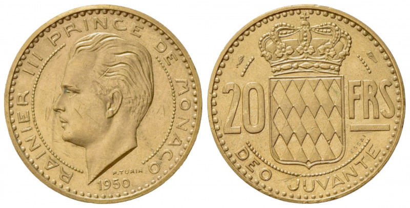 MONACO. Ranieri III (1949-2005). 20 Francs 1950. Piedfort Essai Au (23mm, 29.00g...