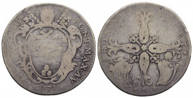 BOLOGNA - Clemente XIV (1769-1774) - Mezzo scudo da 2 Lire - 1773 A. V - Stemma trilobato in cornice - R/ Croce gigliata e radiante - (AG g. 11,4) RRR...
