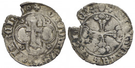 CHIVASSO - Teodoro II Paleologo (1381-1418) - Mezzo grosso - Grande T entro cornice doppia - R/ Croce fiorata - (AG g. 1,44) RR CNI 3/4; MIR 393 Manca...