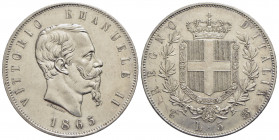 Vittorio Emanuele II Re d'Italia (1861-1878) - 5 Lire - 1865 T - AG R Pag. 487; Mont. 167 Con cartellino del collezionista - Notevole conservazione pe...