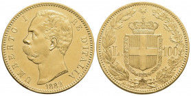 Umberto I (1878-1900) - 100 Lire - 1882 - (AU g. 32,25) RR Pag. 568; Mont. 2 Fondi lucenti al R/ - qSPL/SPL+