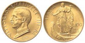 Vittorio Emanuele III (1900-1943). 100 Lire 1931 IX. Au (23.5mm, 8.81g). Roma. Pagani 646; Gigante 9. qSPL