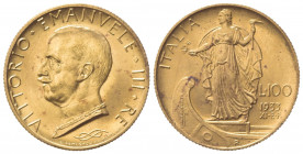 Vittorio Emanuele III (1900-1943). 100 Lire 1933 XI. Au (23.5mm, 8.81g). Roma. Pagani 649; Gigante 12. qSPL