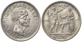 Vittorio Emanuele III (1900-1943). 20 Lire 1929 VII. Ar (35mm, 15.00g). Roma. Pagani 674; Gigante 38. Rarissima, 50 esemplari coniati. SPL