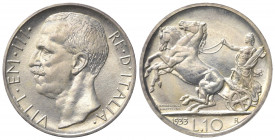 Vittorio Emanuele III (1900-1943). 10 Lire 1933. Ar (26.5mm, 10.00g). Roma. Pagani 698; Gigante 62. Rarissima, 50 esemplari coniati. SPL