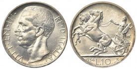 Vittorio Emanuele III (1900-1943). 10 Lire 1934. Ar (26.5mm, 10.00g). Roma. Pagani 699; Gigante 63. Rarissima, 50 esemplari coniati. SPL