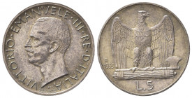 Vittorio Emanuele III (1900-1943). 5 Lire 1935. Ar (23mm, 5.00g). Roma. Pagani 718; Gigante 82. Rarissima, 50 esemplari coniati. BB+