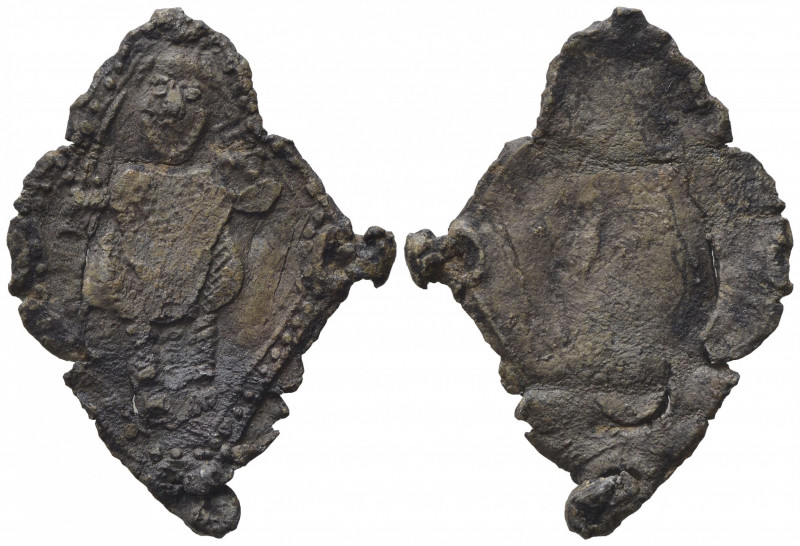 CROCIATE. Distintivo/Spilla dei pellegrini, c. XIV-XV secolo. Guerriero stante c...