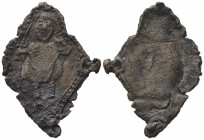 CROCIATE. Distintivo/Spilla dei pellegrini, c. XIV-XV secolo. Guerriero stante con spada (39.5mm, 6.76g). BB